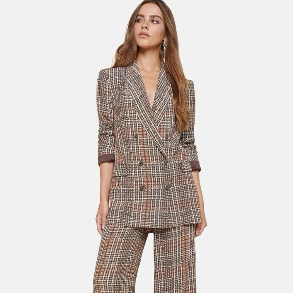 L'Agence Jayda Brown Tweed Print Lightweight Crepe Oversized Blazer Jacket NWT